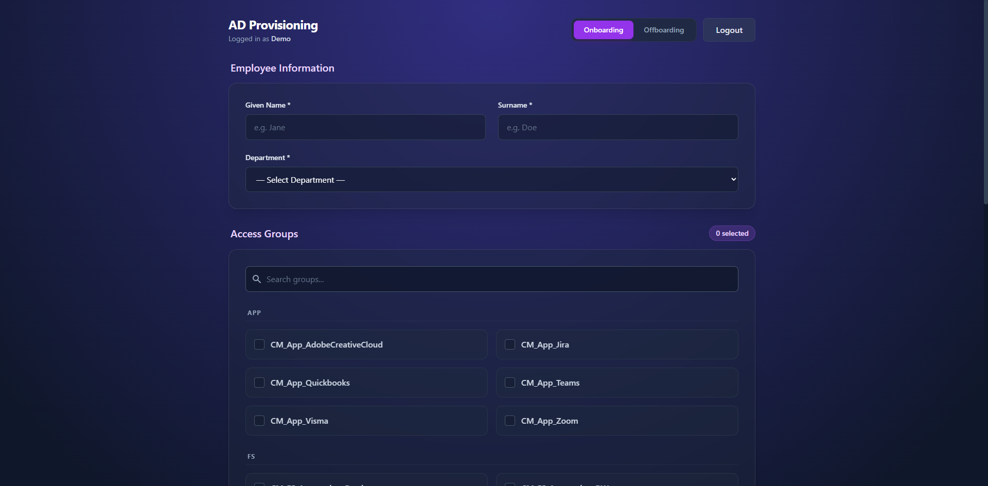 Onboarding Form with Department and Group Selection